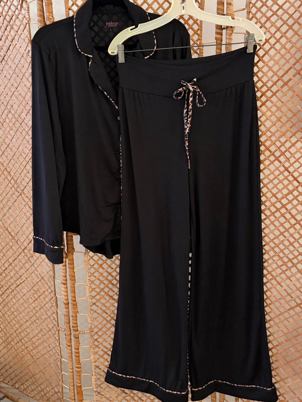 NWOT Black w/ Leopard Trim PJ Set w/ letter M Embroidered on Front Pocket - Picture 7 of 9